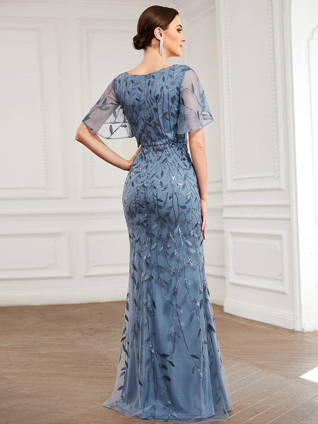 Women's Emerald Leaf-Sequined V-Neck Fishtail Evening Gown