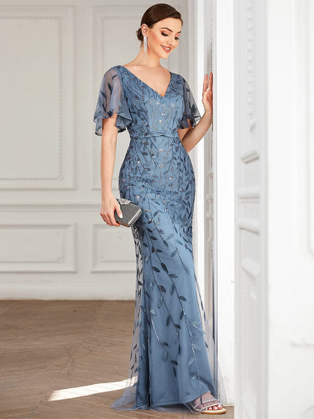 Women's Emerald Leaf-Sequined V-Neck Fishtail Evening Gown