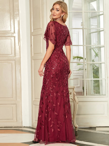 Women's Emerald Leaf-Sequined V-Neck Fishtail Evening Gown