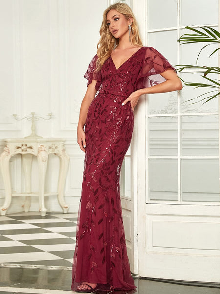 Women's Emerald Leaf-Sequined V-Neck Fishtail Evening Gown