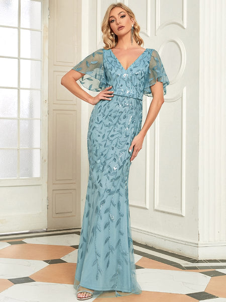 Women's Emerald Leaf-Sequined V-Neck Fishtail Evening Gown