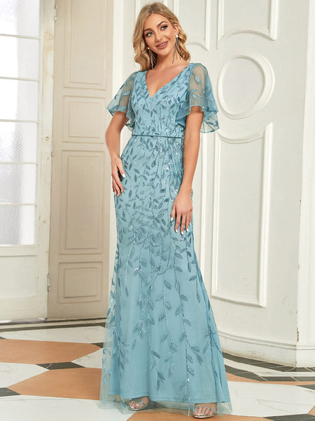 Women's Emerald Leaf-Sequined V-Neck Fishtail Evening Gown