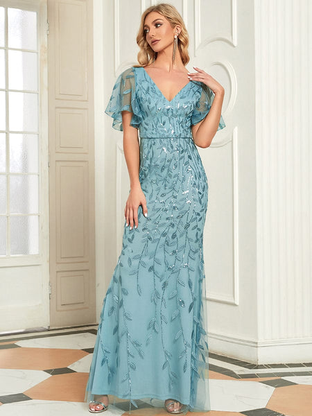 Women's Emerald Leaf-Sequined V-Neck Fishtail Evening Gown