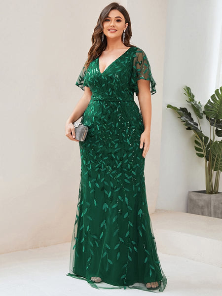 Women's Emerald Leaf-Sequined V-Neck Fishtail Evening Gown
