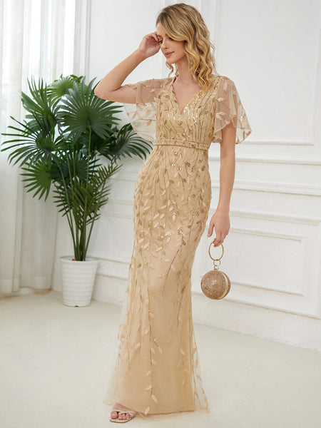 Women's Emerald Leaf-Sequined V-Neck Fishtail Evening Gown