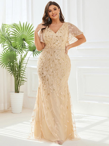 Women's Emerald Leaf-Sequined V-Neck Fishtail Evening Gown