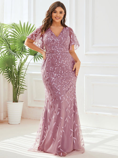 Women's Emerald Leaf-Sequined V-Neck Fishtail Evening Gown
