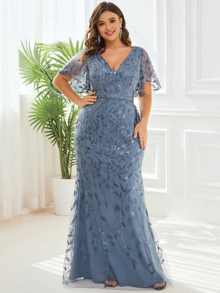 Women's Emerald Leaf-Sequined V-Neck Fishtail Evening Gown