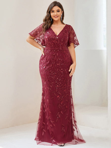 Women's Emerald Leaf-Sequined V-Neck Fishtail Evening Gown