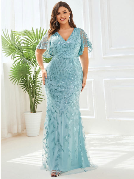 Women's Emerald Leaf-Sequined V-Neck Fishtail Evening Gown