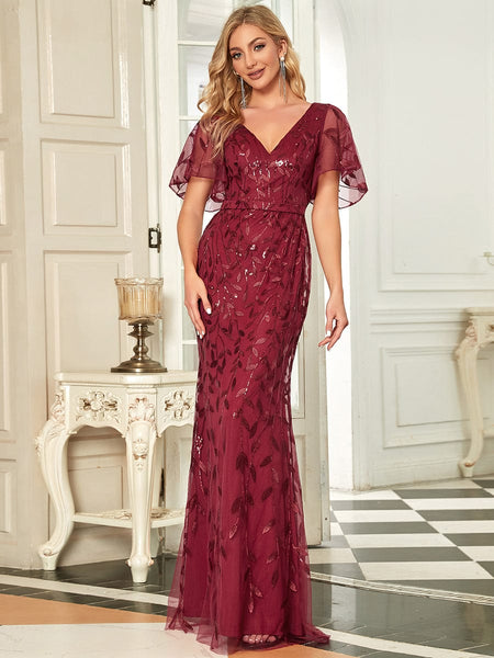 Women's Emerald Leaf-Sequined V-Neck Fishtail Evening Gown