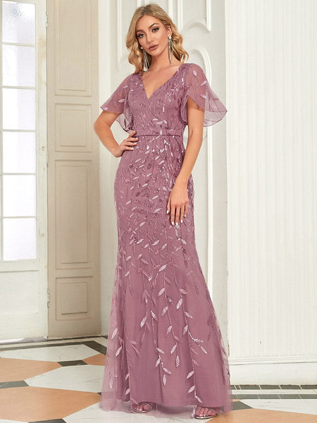 Women's Emerald Leaf-Sequined V-Neck Fishtail Evening Gown