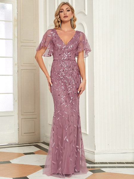 Women's Emerald Leaf-Sequined V-Neck Fishtail Evening Gown