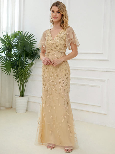 Women's Emerald Leaf-Sequined V-Neck Fishtail Evening Gown