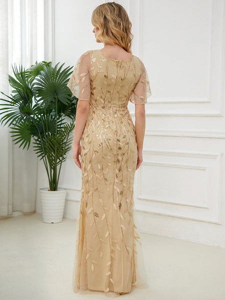 Women's Emerald Leaf-Sequined V-Neck Fishtail Evening Gown
