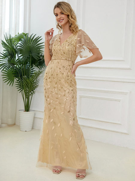 Women's Emerald Leaf-Sequined V-Neck Fishtail Evening Gown