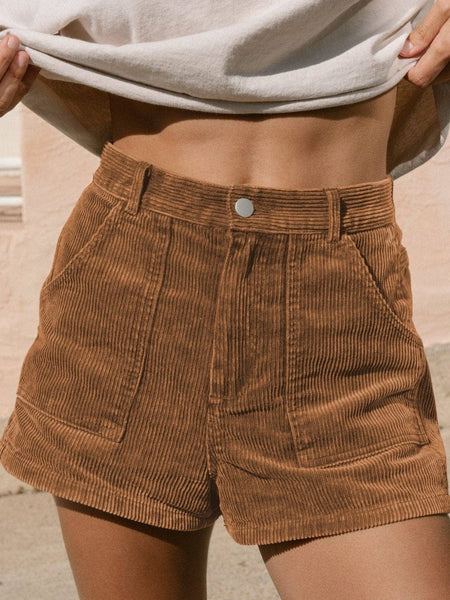 Women's High-Waist Cotton Corduroy Shorts in Russet Brown