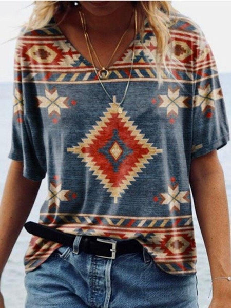Retro Geometric Print V-neck Short-sleeved Top