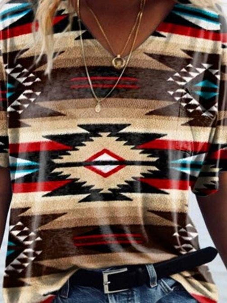 Retro Geometric Print V-neck Short-sleeved Top