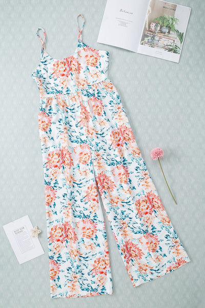 Retro Print Casual Wide-Leg Jumpsuit - Bare - Spaghetti Strap - U-Shape - Scoop