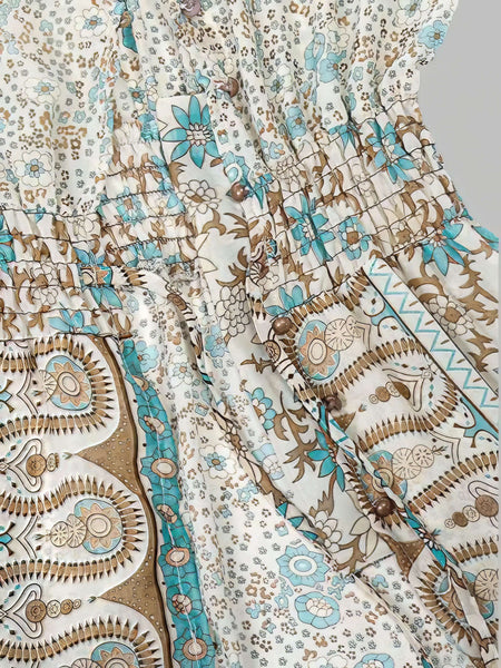 Women's Retro Paisley V-Neck Tiered Maxi Dress with Flared Sleeves