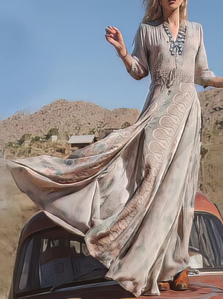 Women's Retro Paisley V-Neck Tiered Maxi Dress with Flared Sleeves