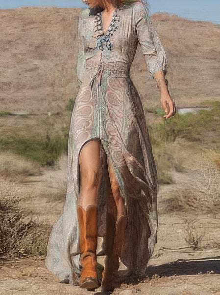 Women's Retro Paisley V-Neck Tiered Maxi Dress with Flared Sleeves
