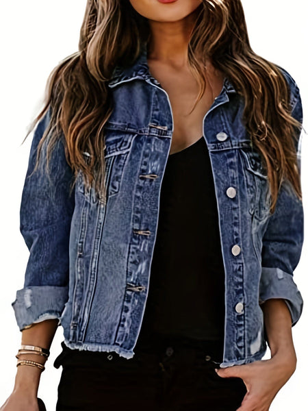 Women's Classic Medium Wash Frayed Denim Jacket with Raw Hem