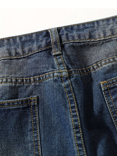 Retro Rolled Hem Single-Breasted Closure Straight Loose Casual Jeans