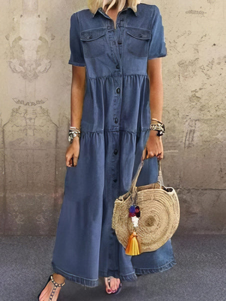 Women's Retro Short Sleeve Denim Midi Shirt Dress