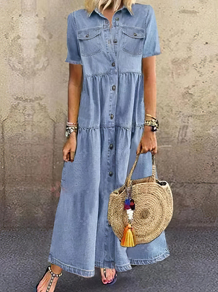 Women's Retro Short Sleeve Denim Midi Shirt Dress