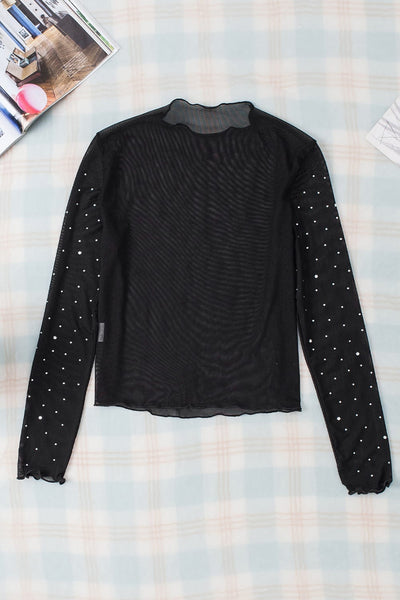 Rhinestone Embellished Black Mesh Party Top