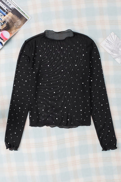 Rhinestone Embellished Black Mesh Party Top