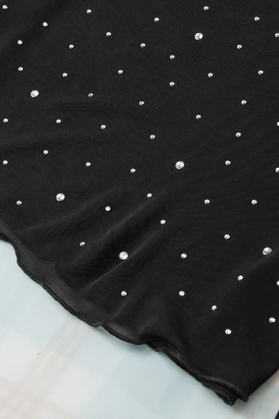 Rhinestone Embellished Black Mesh Party Top