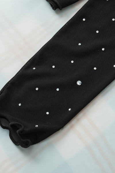 Rhinestone Embellished Black Mesh Party Top