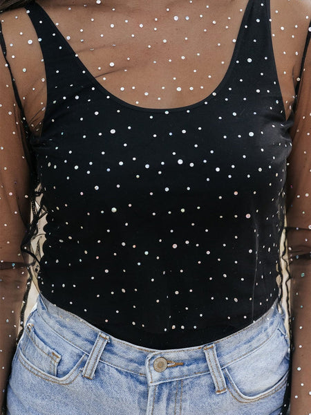 Rhinestone-Embellished Sheer Black Mesh Top