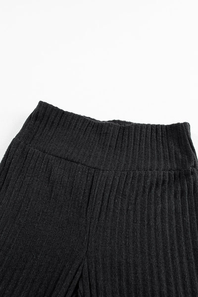 Women's Black Ribbed Knit High-Waist Leggings with Wide Waistband