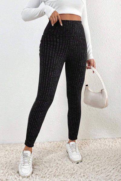 Women's Black Ribbed Knit High-Waist Leggings with Wide Waistband
