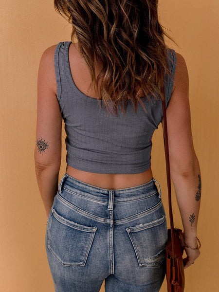 Ribbed Grey Henley Crop Tank Top