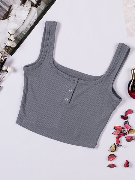 Ribbed Grey Henley Crop Tank Top