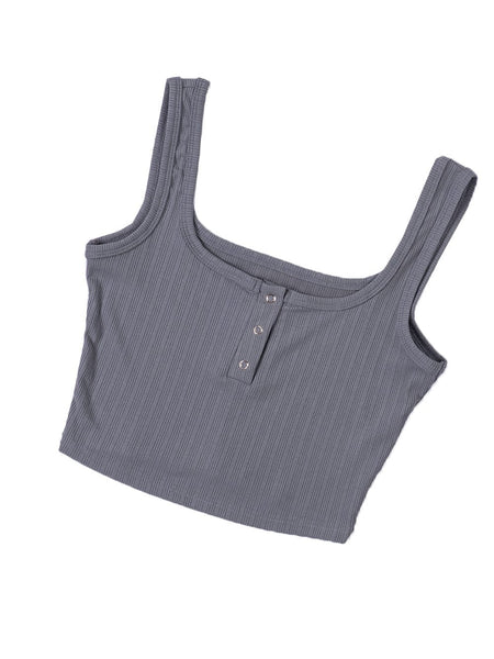 Ribbed Grey Henley Crop Tank Top