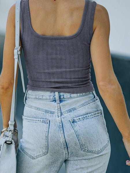 Ribbed Grey Henley Crop Tank Top