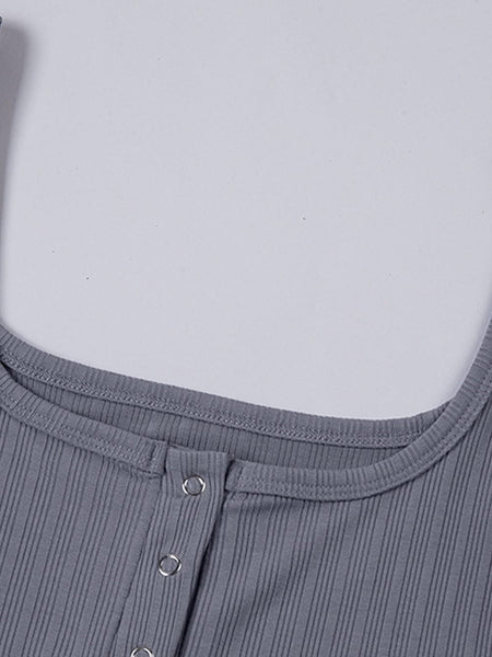 Ribbed Grey Henley Crop Tank Top