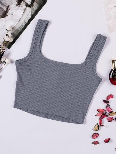 Ribbed Grey Henley Crop Tank Top