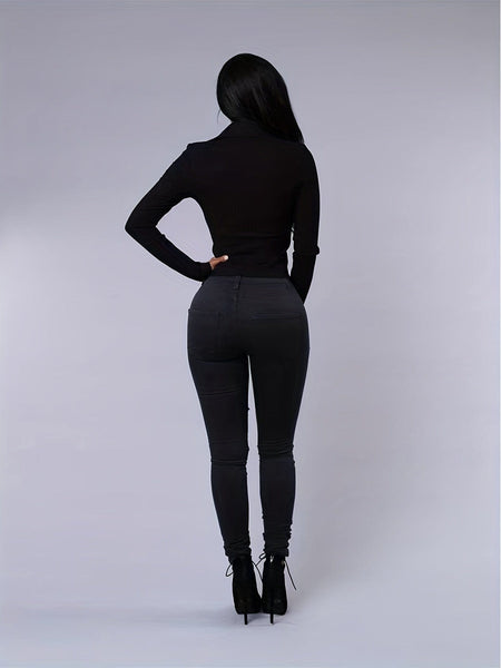 Ripped Mid Waist High-Stretch Skinny Retro Denim Jeans