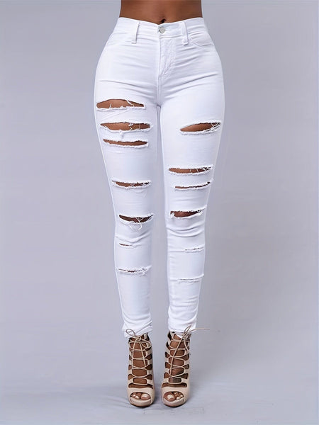 Women's Mid-Rise Ripped White Skinny Jeans in Jeans