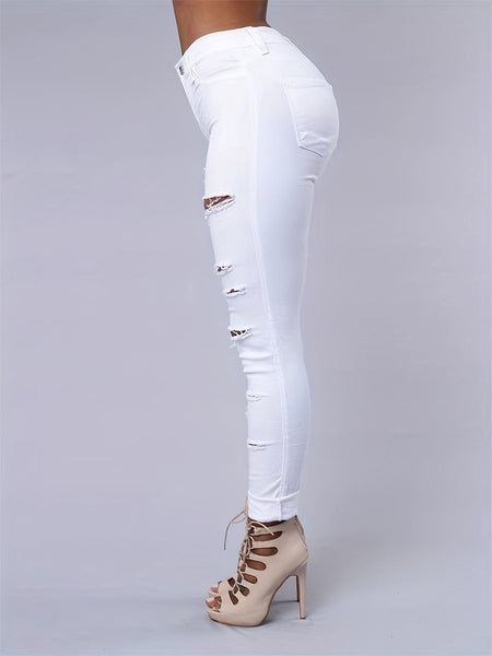 Ripped Mid Waist High-Stretch Skinny Retro Denim Jeans
