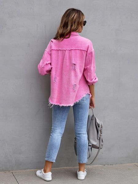 Ripped Raw Edge Distressed Collar Single-Breasted Button-Up Long Sleeve Denim Jacket