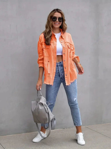 Ripped Raw Edge Distressed Collar Single-Breasted Button-Up Long Sleeve Denim Jacket