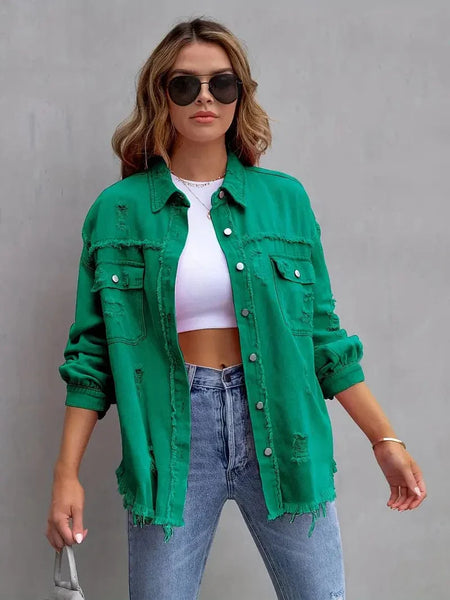 Ripped Raw Edge Distressed Collar Single-Breasted Button-Up Long Sleeve Denim Jacket